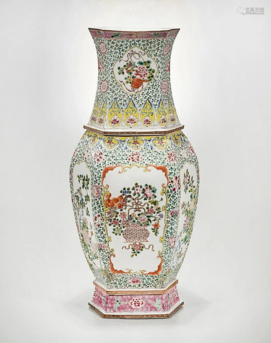 Tall Chinese Enameled Porcelain Hexagonal Vase