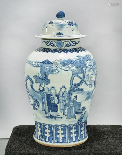 Tall Chinese Blue and White Porcelain Covered Vase