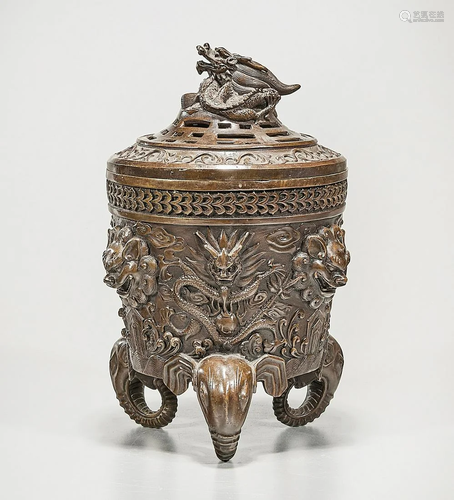 Chinese Bronze Tripod Covered Censer