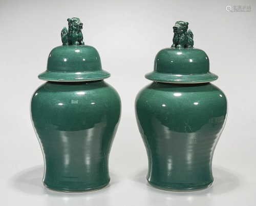 Pair Chinese Green Glazed Porcelain Covered Vases