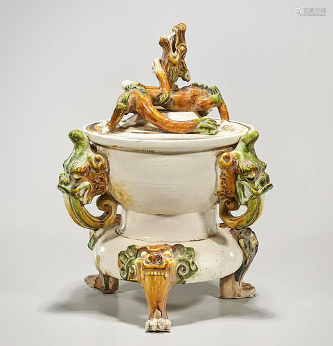 Chinese Sancai Glazed Ceramic Covered Censer