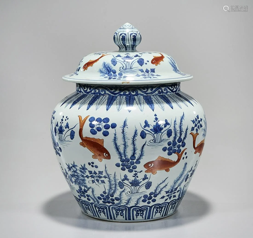 Chinese Blue, Red and White Porcelain Covered Vase