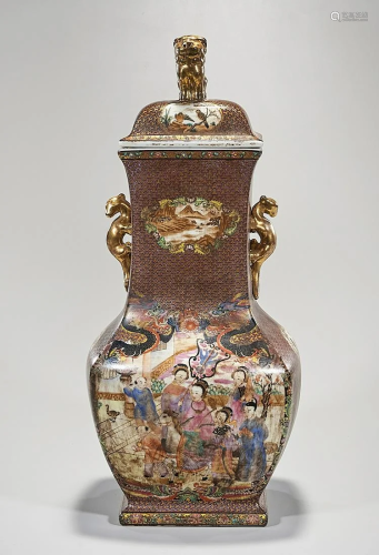 Tall Chinese Enameled Porcelain Four-Faceted Vase
