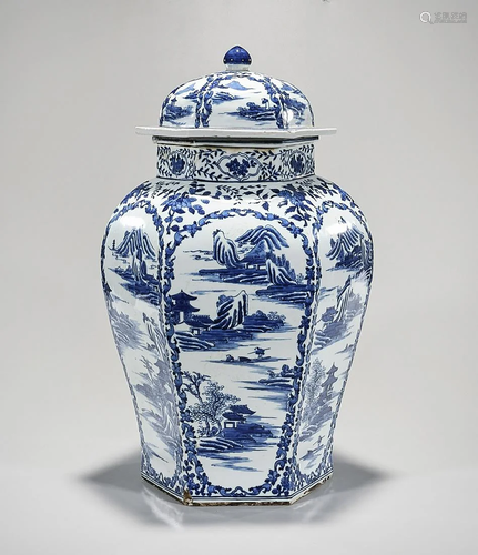 Tall Chinese Blue and White Porcelain Covered Vase