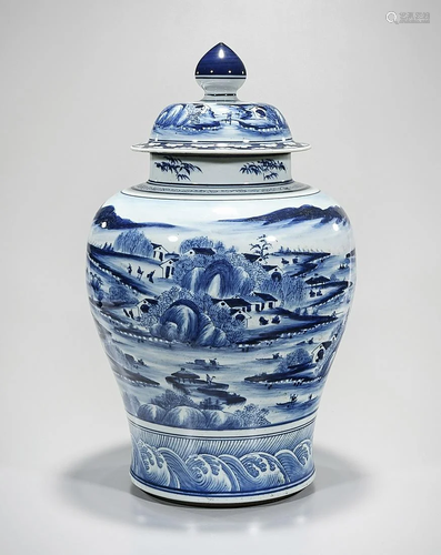 Tall Chinese Blue and White Porcelain Covered Vase