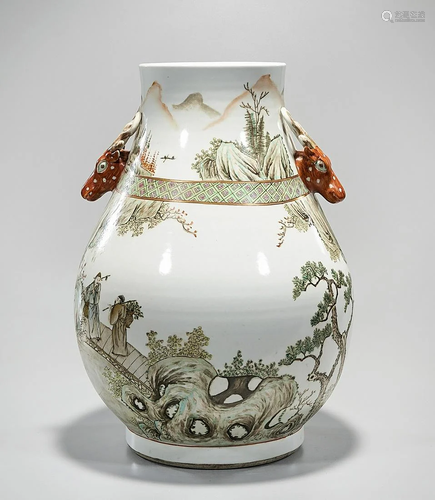 Chinese Glazed Porcelain Deer Handled Zun