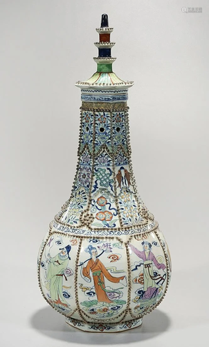 Tall Chinese Enameled and Painted Porcelain Vase