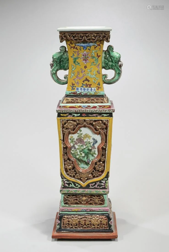 Chinese Elaborate Enameled Porcelain Four-Faceted Vase