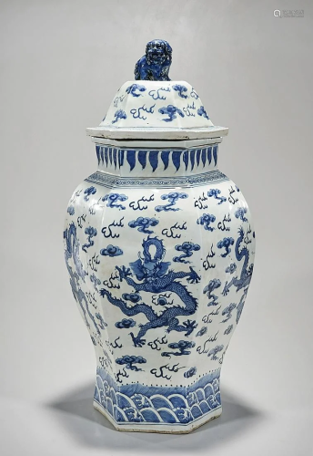 Tall Chinese Blue and White Porcelain Hexagonal Covered