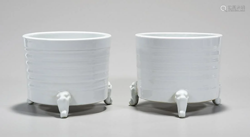 Pair Chinese White Glazed Porcelain Tripod Censers