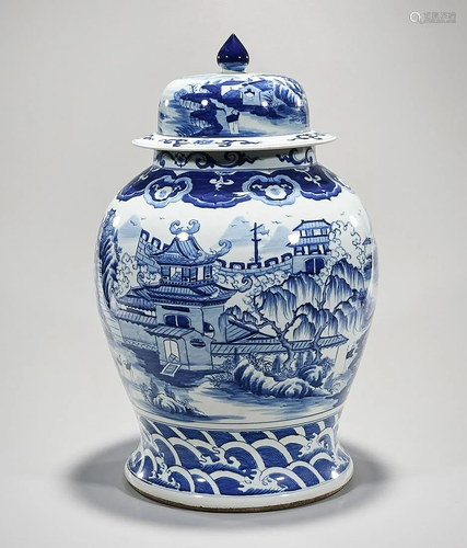 Tall Chinese Blue and White Porcelain Covered Vase