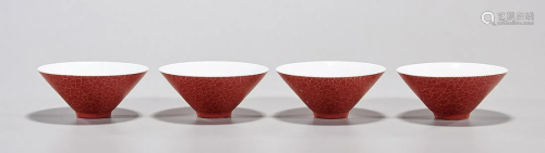 Set of Four Chinese Red Crackle Glazed Conical Bowls