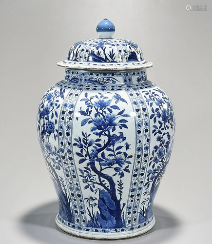 Tall Chinese Blue and White Porcelain Covered Vase