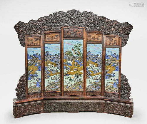 Massive Chinese Cloisonne and Wood Screen