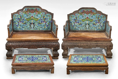 Pair Large Chinese Cloisonne and Carved Wood Thrones