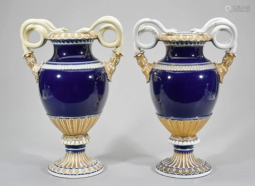 Pair of Meissen Cobalt Urns with Snake Handles