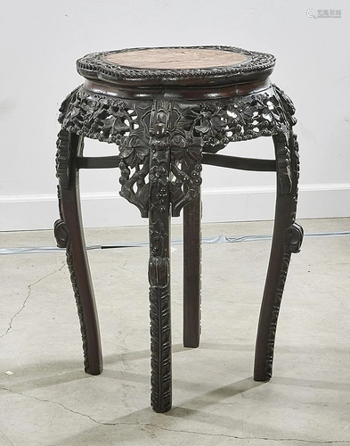 Chinese Stone Inset Hard Wood Side Table