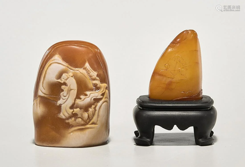 Two Small Chinese Carved Shoushan Stone Mountains