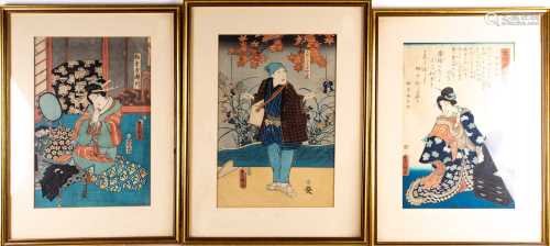 Nine Japanese woodblock colour prints, 19th century, each depicting various actors, signed, oban,