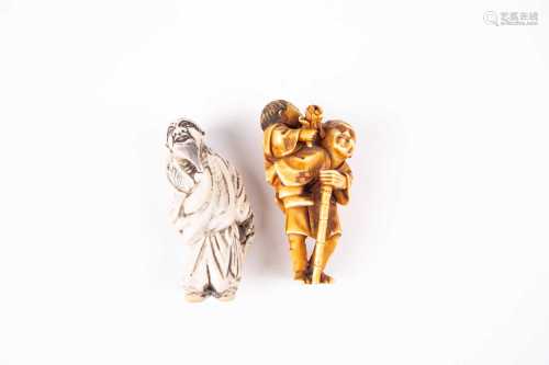 A Japanese porcelain netsuke, 19th century, modelled as a sage in robes pulling at his beard,