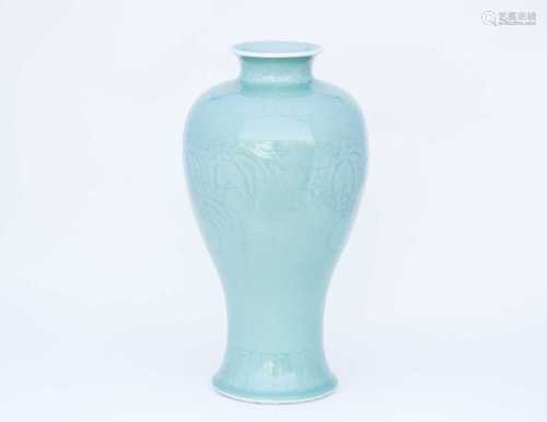 A Chinese celadon ground meiping vase, 19th/20th century, the neck with eternal knot band above