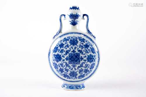 A Chinese blue and white moon flask, the garlic mouth painted with lingzhi funghi above a lotus