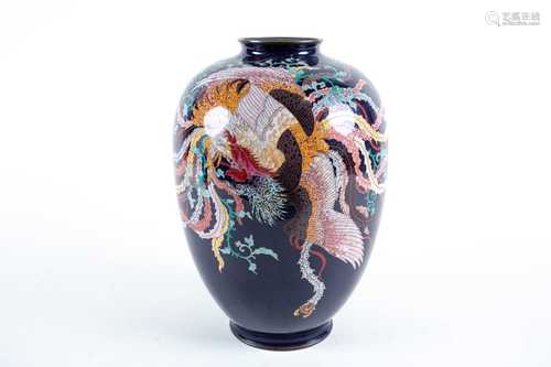 A Japanese cloisonne vase, late Meiji period, decorated with a long tailed phoenix, its feathers