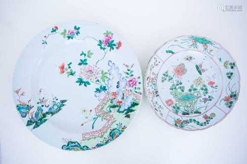 A Chinese Famille Verte dish, Kangxi, 18th century, painted in enamels with butterflies above peony,