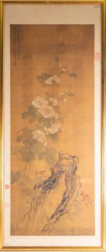 A Chinese silk scroll wall hanging, Qing, painted with blossoming tree peony and rockwork, two,