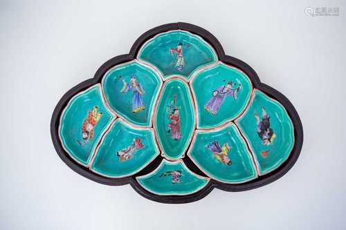 A Chinese hors d'oeuvre set in the form of a butterfly, each dish painted in polychrome enamels with