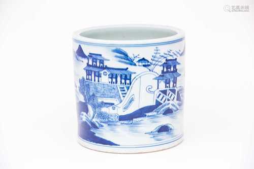 A large Chinese blue & white brush pot, Bitong, painted throughout with a watery landscape of