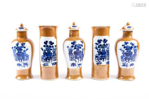 A garniture of five Chinese cafe au lait vases, 19th century, comprising two sleeve vases and