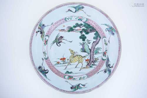 A large Chinese famille verte charger, Kangxi, painted in enamels with a yellow Sika deer amongst