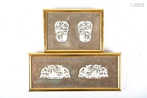 Two pairs of Chinese ivory appliques, probably circa 1760, one with ladies in a garden within rococo