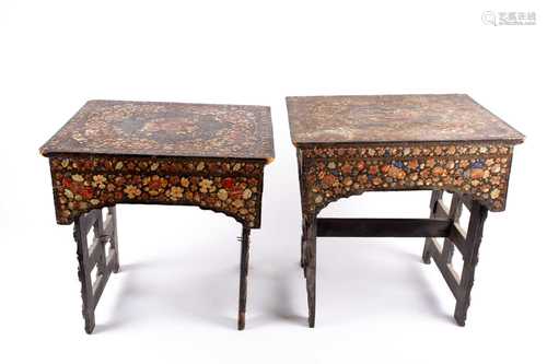 A pair of Tibetan/Kashmiri carved and painted low tables, late 19th/20th century, the rectangular