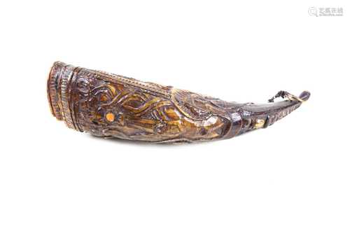 An interesting buffalo horn, probably 18th century Tibet, the body well carved with (apparently)