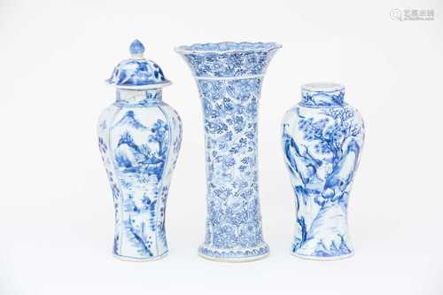 Three Chinese Kangxi period vases, early 18th century, one with a flared rim above a petal moulded