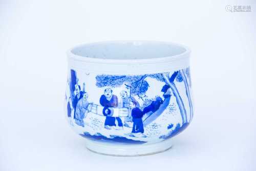 A Chinese blue & white censer, late Qing, of slightly compressed form, with anhua scroll border,