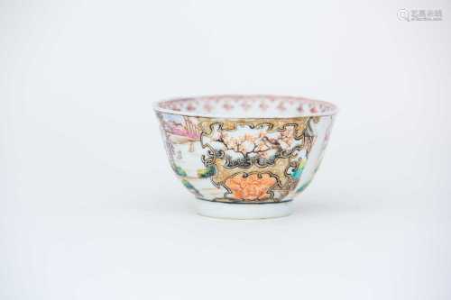 A finely enamelled and gilt tea bowl, Qianlong, circa 1750, with an elderly man, two boys and