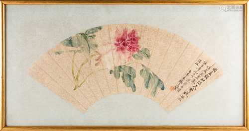 A Chinese mounted fan, 20th century, painted with a blossoming flower and leaves, four lines of