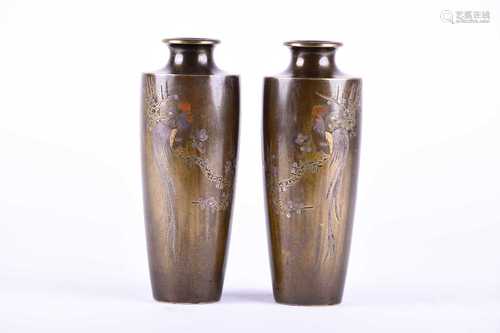 A pair of Japanese inlaid bronze vases, late Meiji/early Taisho, of tapering cylindrical form,