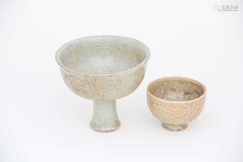 A Chinese Guan stem cup, the pale grey/green glaze suffused with brown crackle,13cm diameter; and