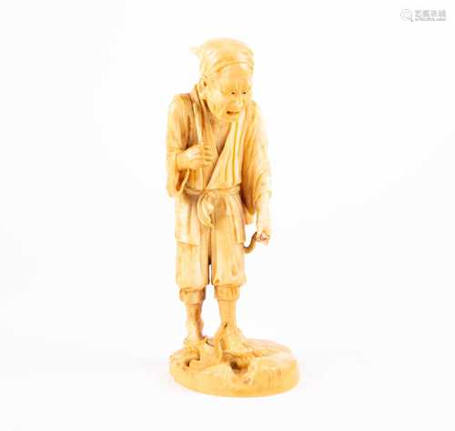 A Japanese ivory okimono, Meiji period, carved as a peasant crying out after being startled by a