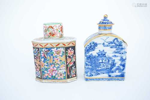 Two 18th century Chinese tea caddies and covers, one European decorated painted with panels of