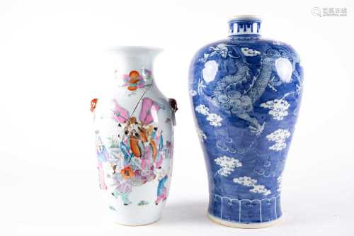 A Chinese blue and white dragon vase, pseudo four character Kangxi mark, 33cm, and a polychrome