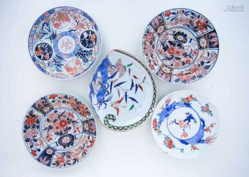 Arita. 18th and 19th century, a pair of plates painted with a jardiniere of flowers; a dish finely