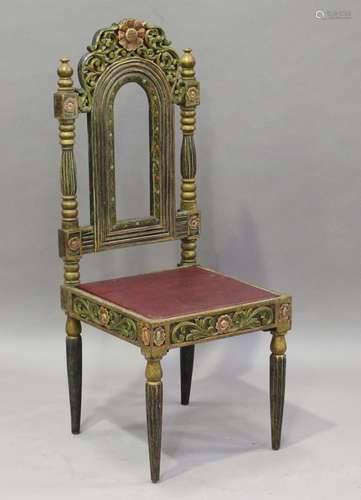 A late 19th century Indian carved hardwood side chair with overall painted decoration, height 115cm,