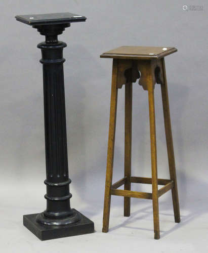 A late Victorian ebonized pedestal with fluted stem, height 109cm, width 28.5cm, together with an