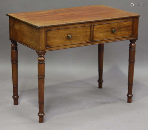 A Victorian mahogany side table, the hinged lid above two dummy drawers, on turned legs, height