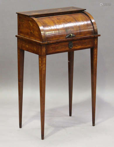 A small 19th century French walnut and kingwood crossbanded lady's roll-top bureau, the top inlaid